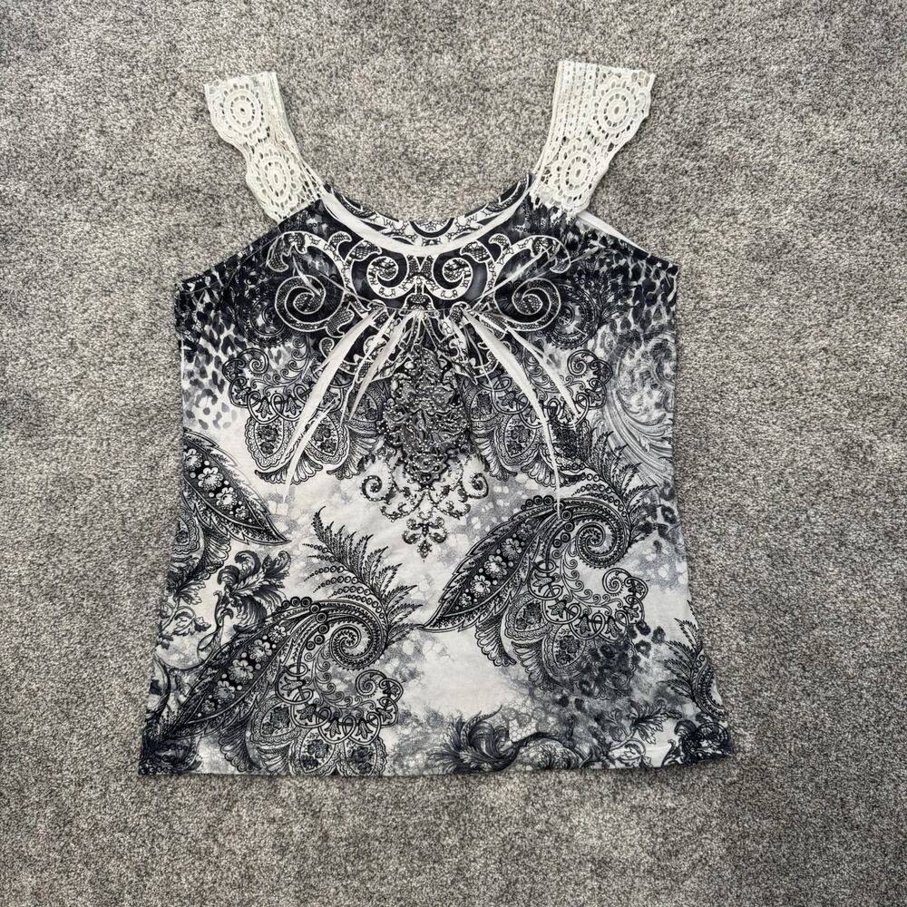 Vintage Y2K Tank Top L Paisley Crochet Boho Whimsigoth Fairy Grunge Rhinestones